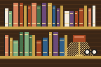 Pixel drawing of two shelves of books, a reading lamp and a pair of glasses